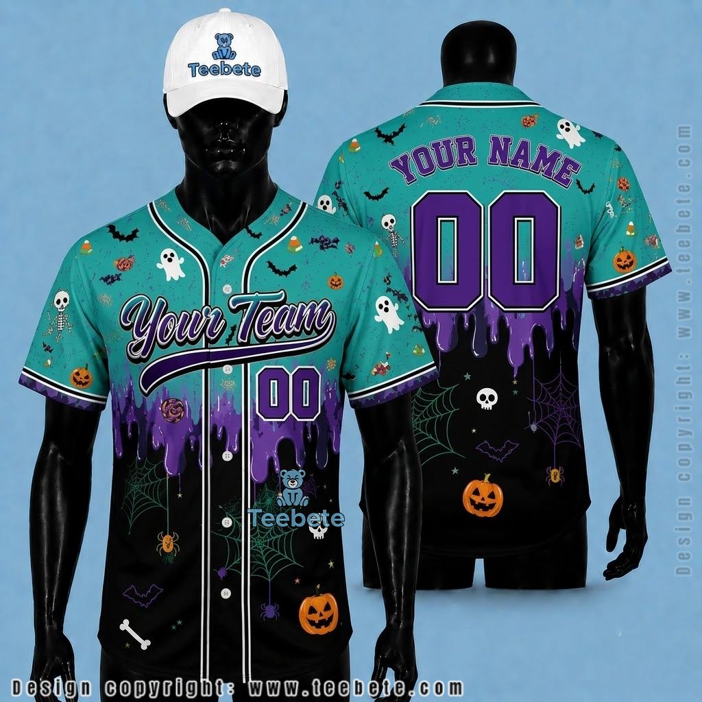 Personalized Halloween Baseball Jersey Ghost Skull Teal Purple