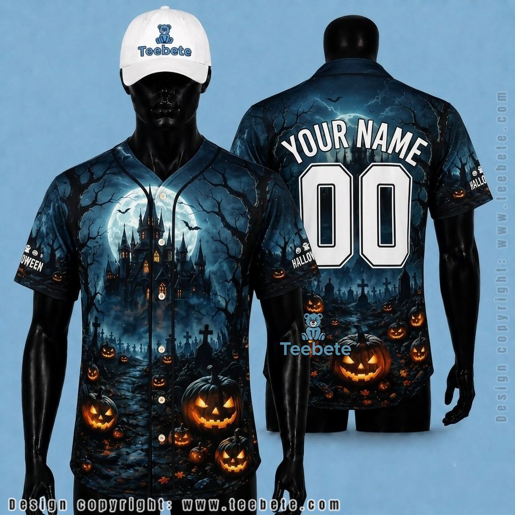 Personalized Halloween Baseball Jersey Haunted Castle Pumpkin Blue