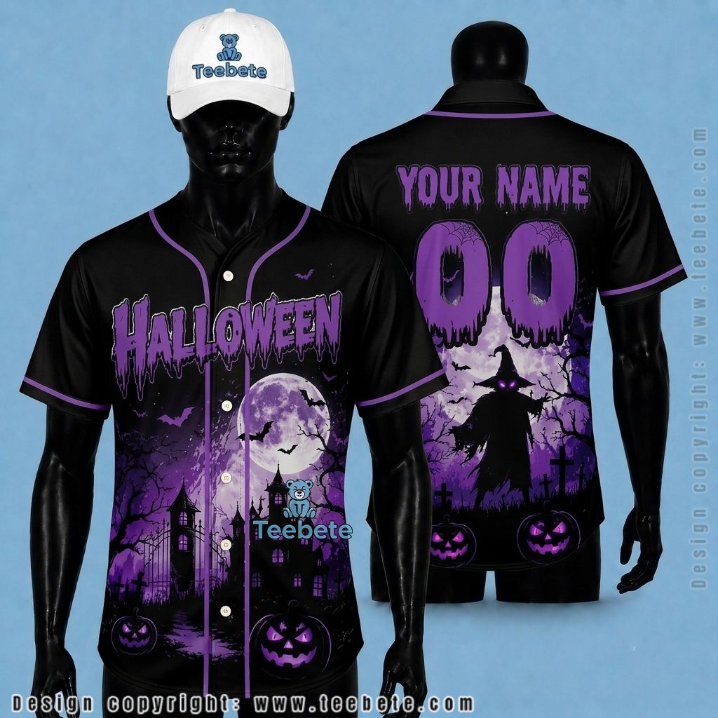 Personalized Halloween Baseball Jersey Haunted House Purple
