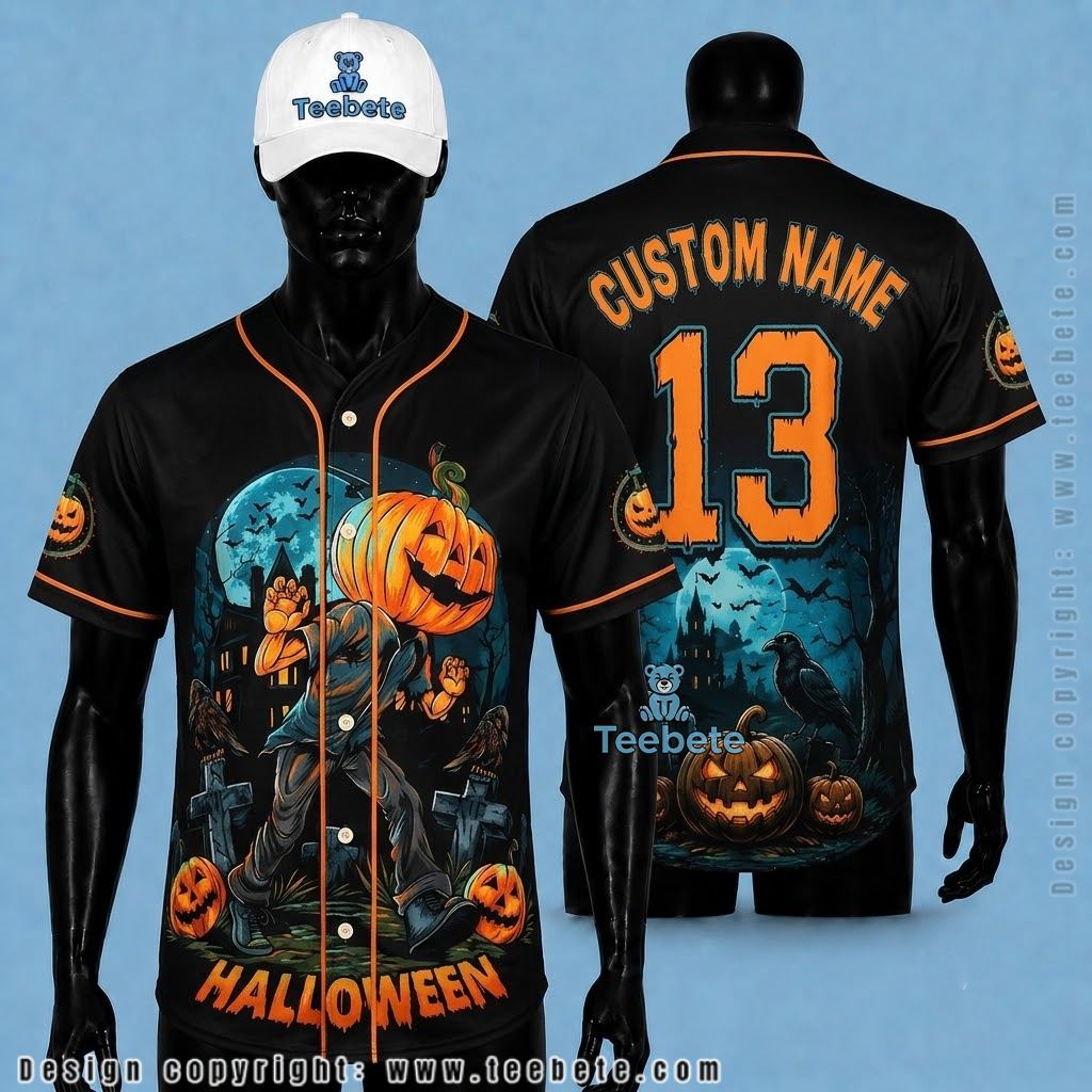 Personalized Halloween Baseball Jersey Pumpkin Head Graveyard