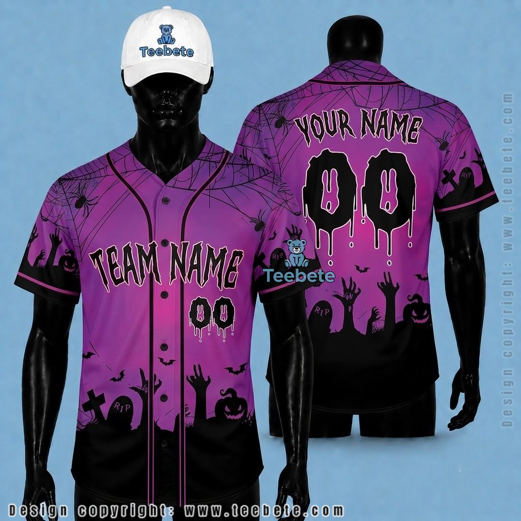 Personalized Halloween Baseball Jersey Rising Hand Graveyard Purple