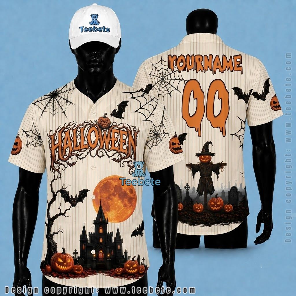 Personalized Halloween Baseball Jersey Scarecrow Graveyard Cream