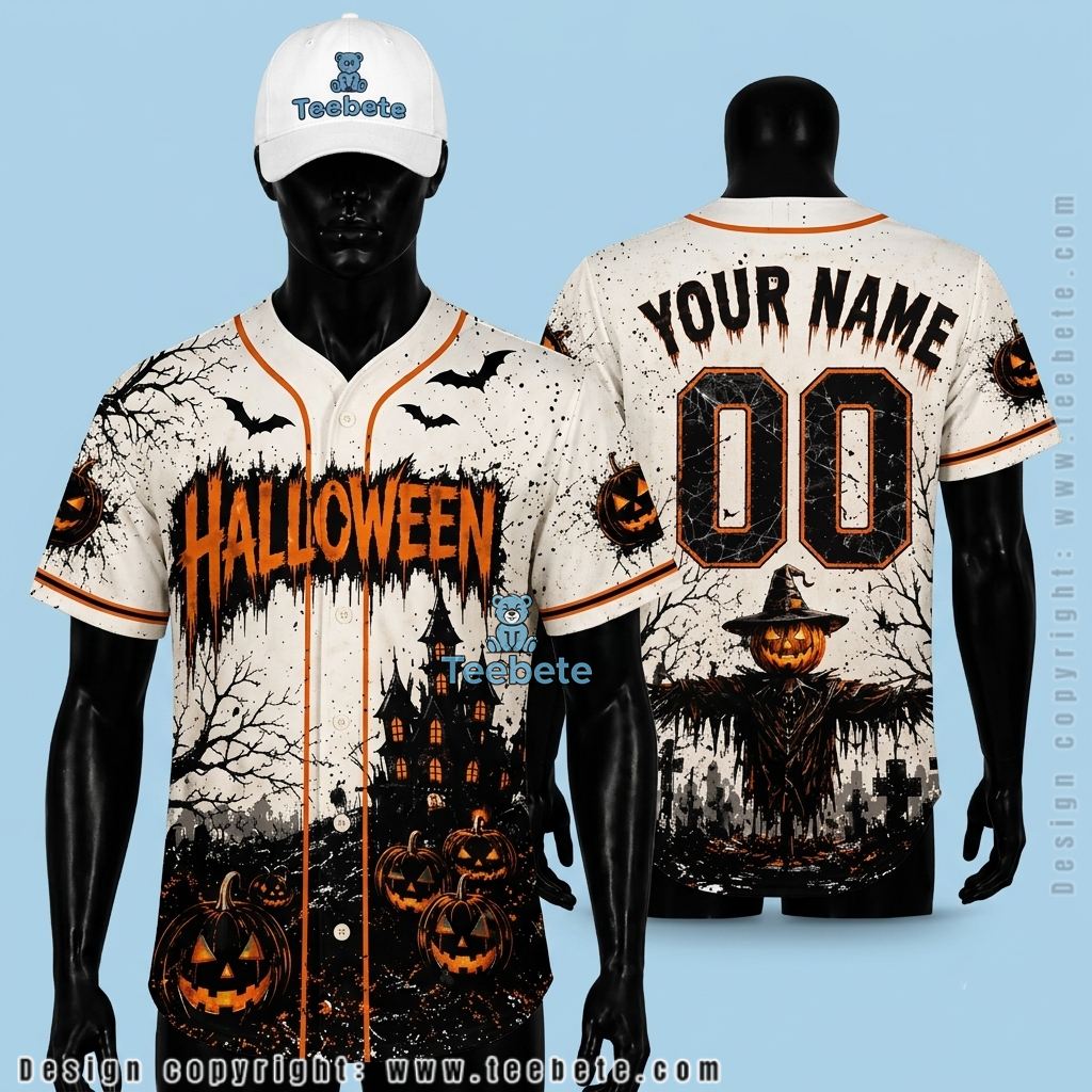 Personalized Halloween Baseball Jersey Scarecrow Pumpkin White