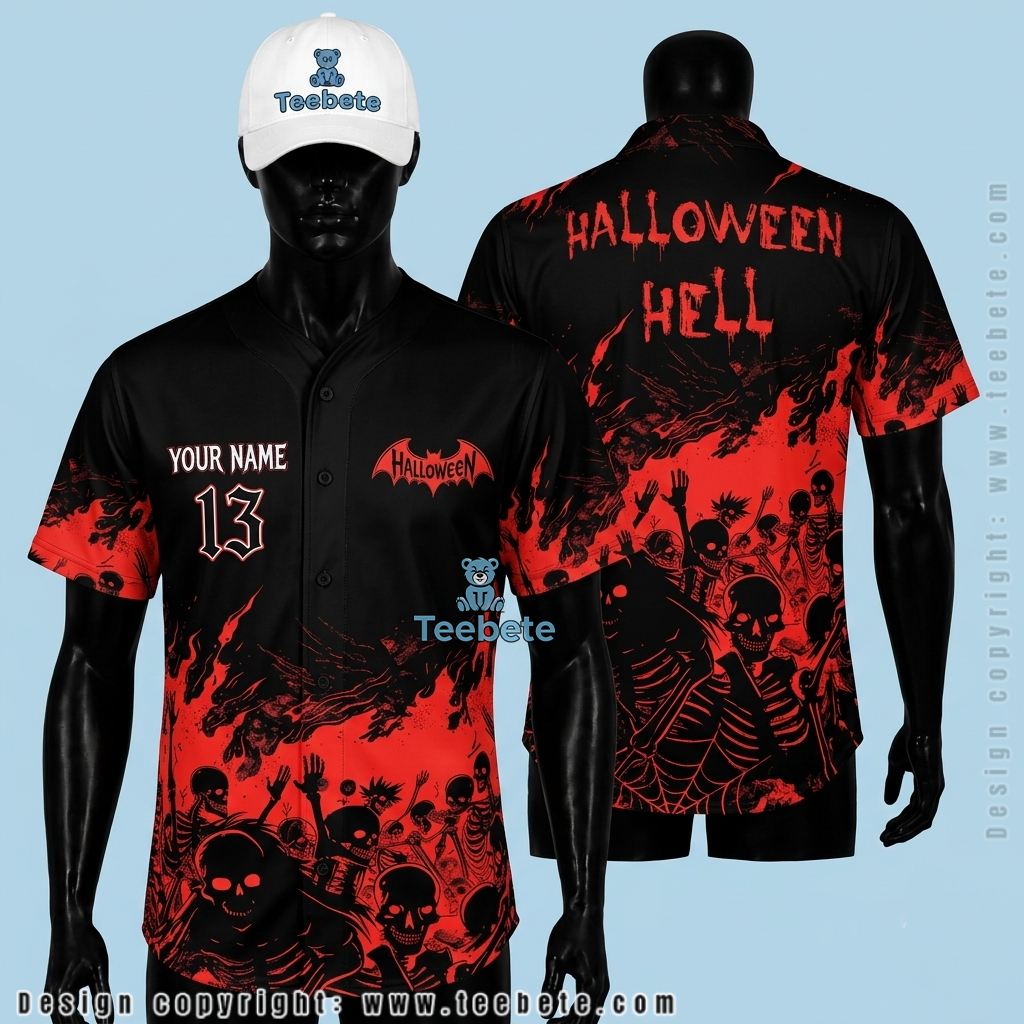 Personalized Halloween Baseball Jersey Skull Hell Red Black