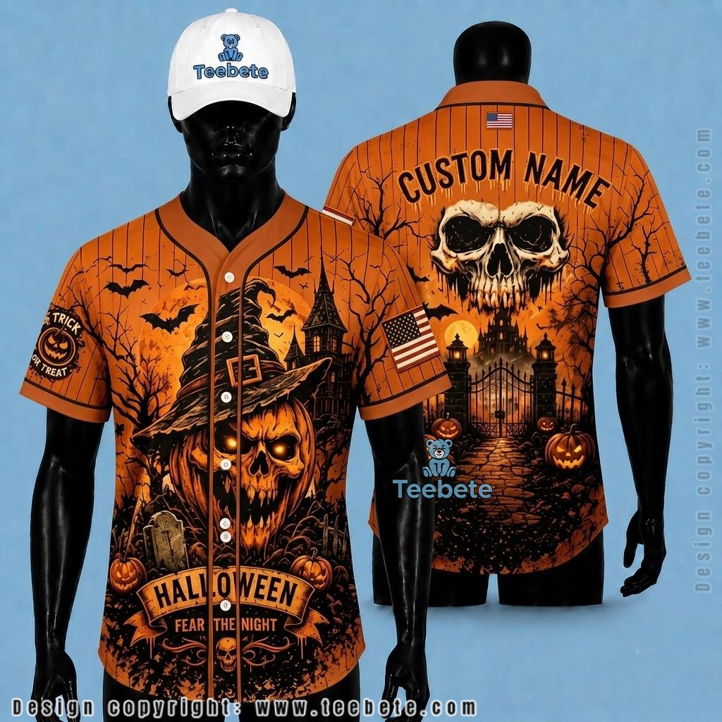Personalized Halloween Baseball Jersey Skull Witch Hat Orange
