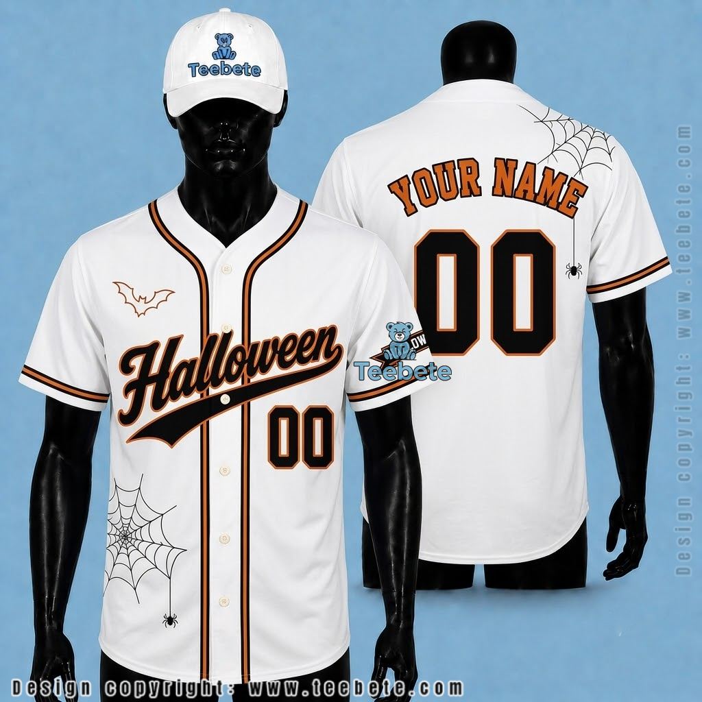 Personalized Halloween Baseball Jersey Spider Web Bat White
