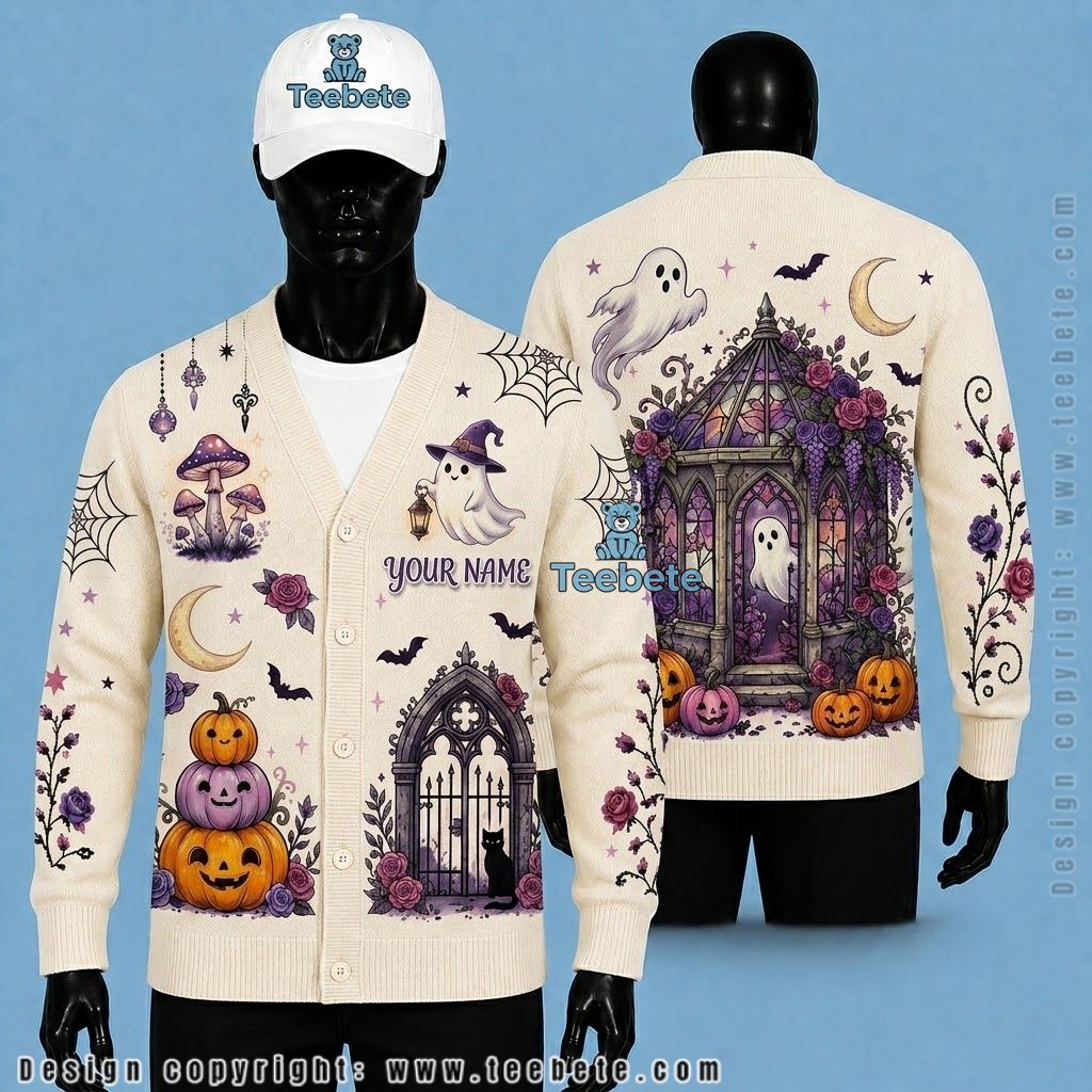 Personalized Halloween Cardigan Pink Gothic Rose And Pumpkin