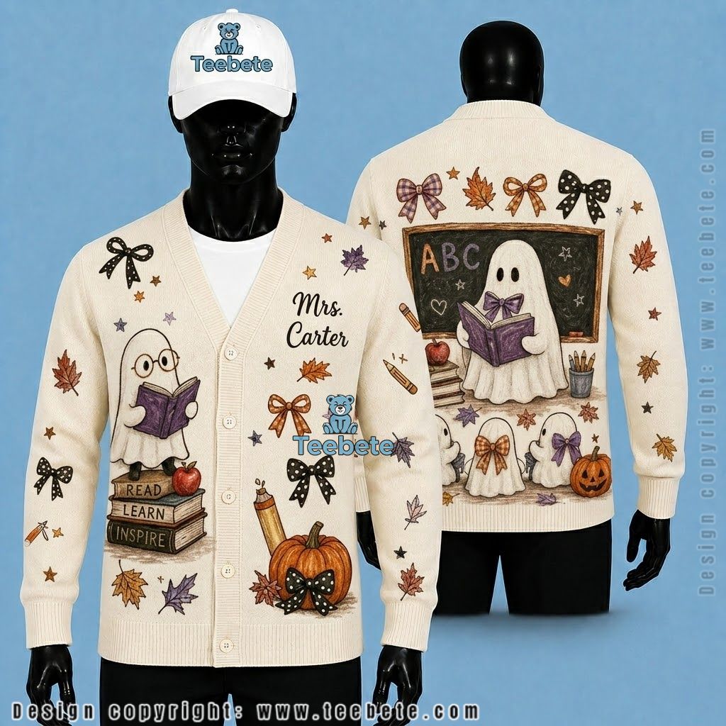 Personalized Halloween Cardigan Teacher Ghost With ABC Book