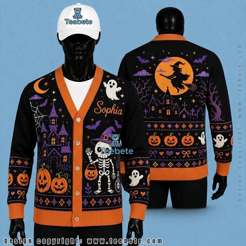 Personalized Halloween Cardigan Witch, Skeleton, Pumpkin And Castle