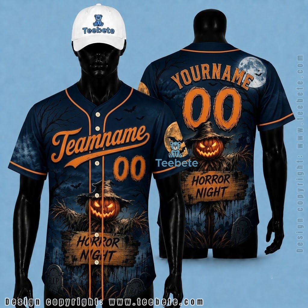 Personalized Horror Night Halloween Baseball Jersey Scarecrow Blue
