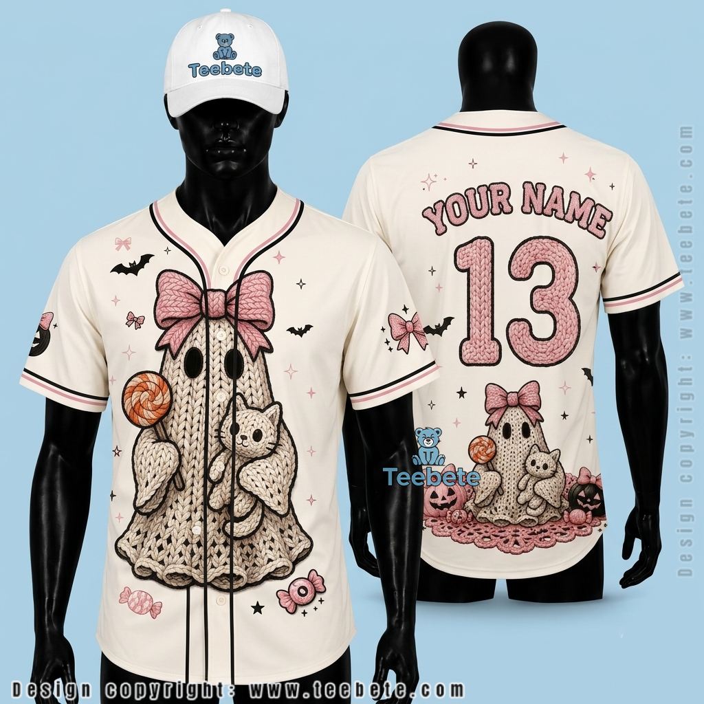 Personalized Knit Ghost Halloween Baseball Jersey Cat Pink