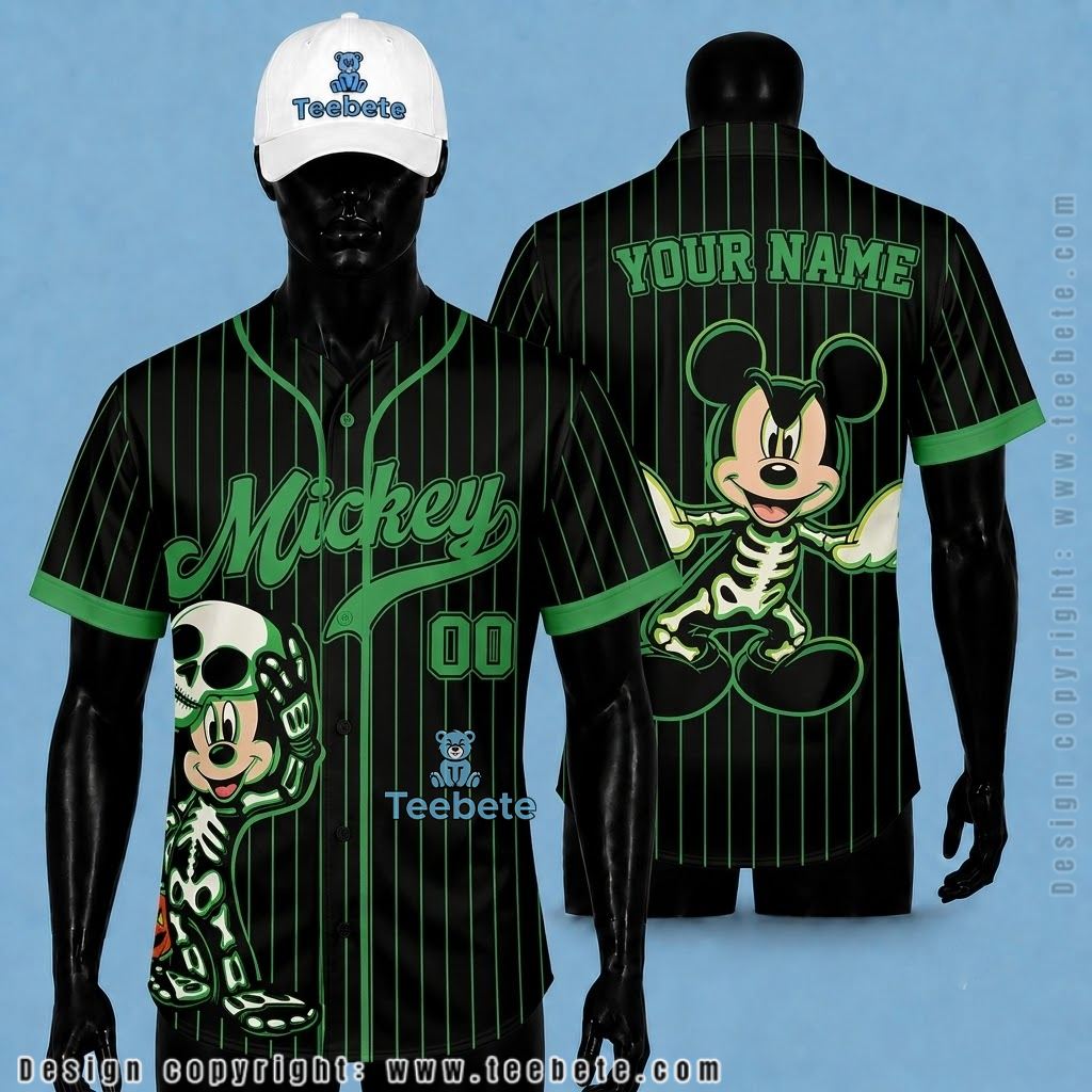 Personalized Mickey Skeleton Halloween Baseball Jersey Green Pinstripe