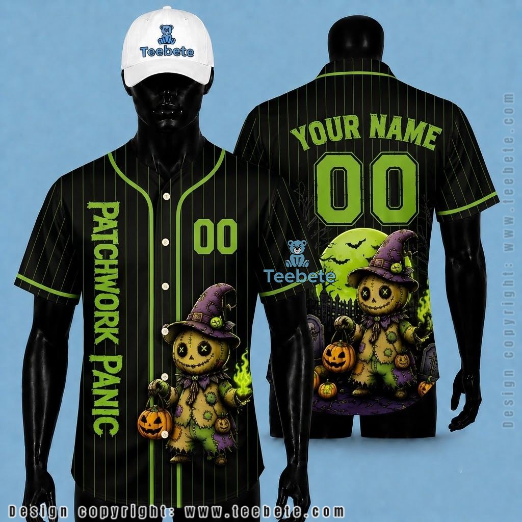 Personalized Patchwork Panic Halloween Baseball Jersey Scarecrow Green