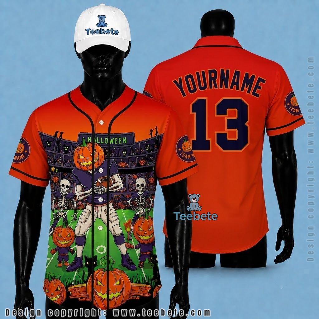 Personalized Pumpkin Head Football Halloween Baseball Jersey