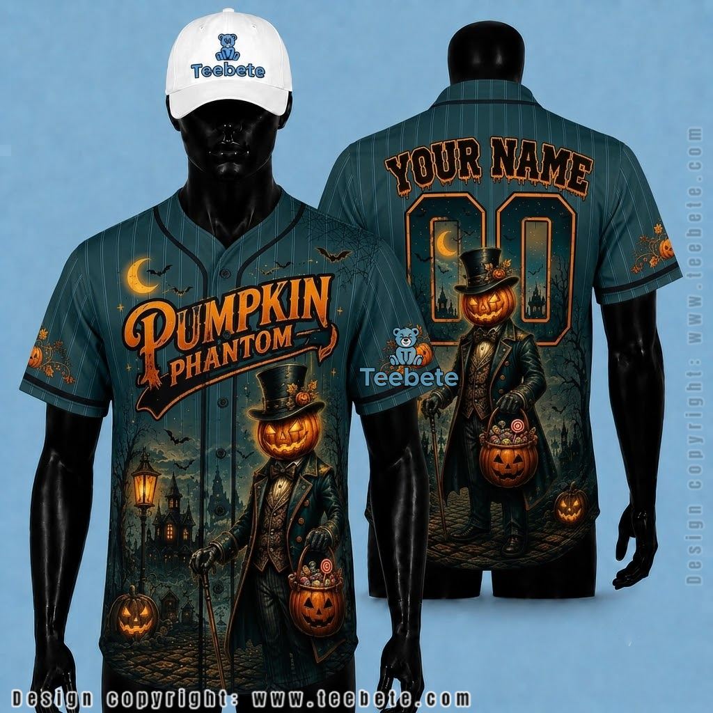Personalized Pumpkin Phantom Halloween Baseball Jersey Teal