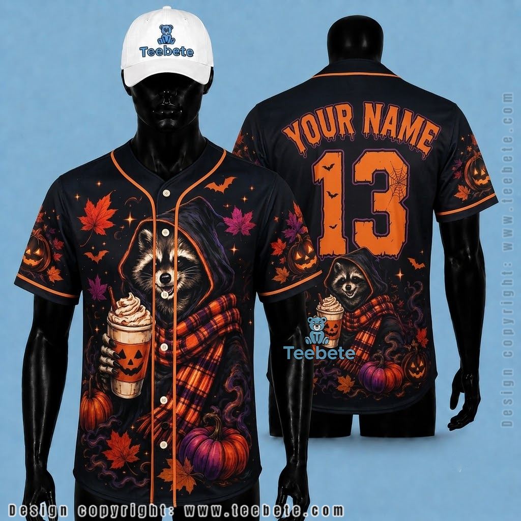 Personalized Raccoon Pumpkin Spice Halloween Baseball Jersey Black