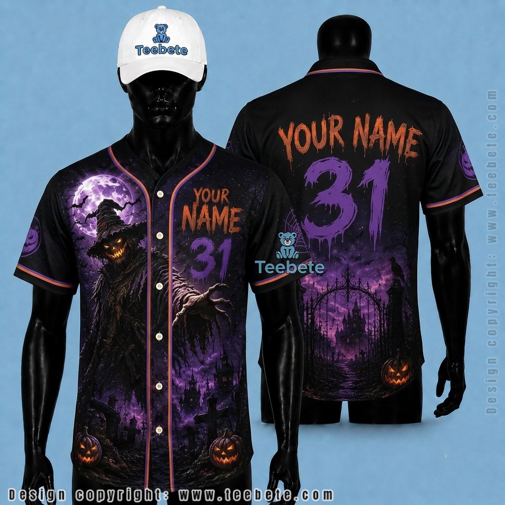 Personalized Scarecrow Baseball Jersey Halloween Purple Pumpkin