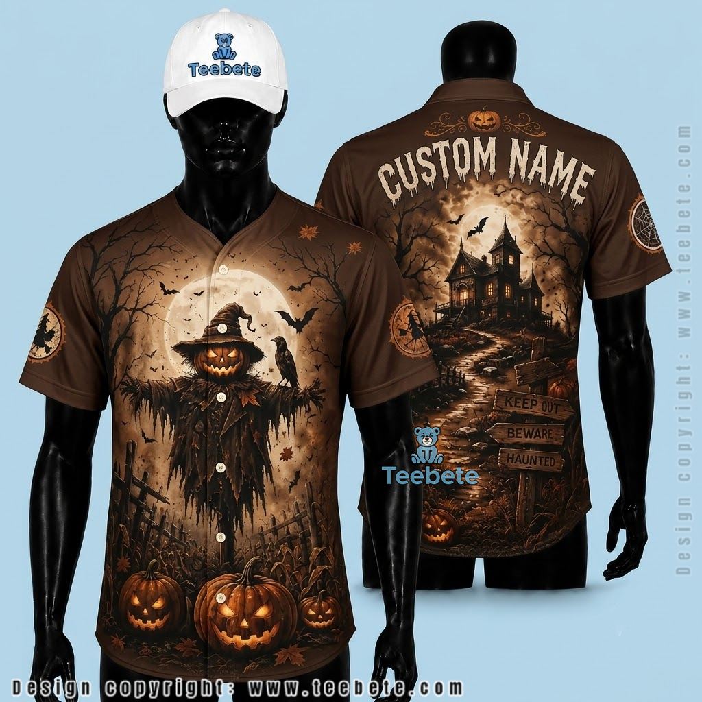 Personalized Scarecrow Halloween Baseball Jersey Haunted House Brown