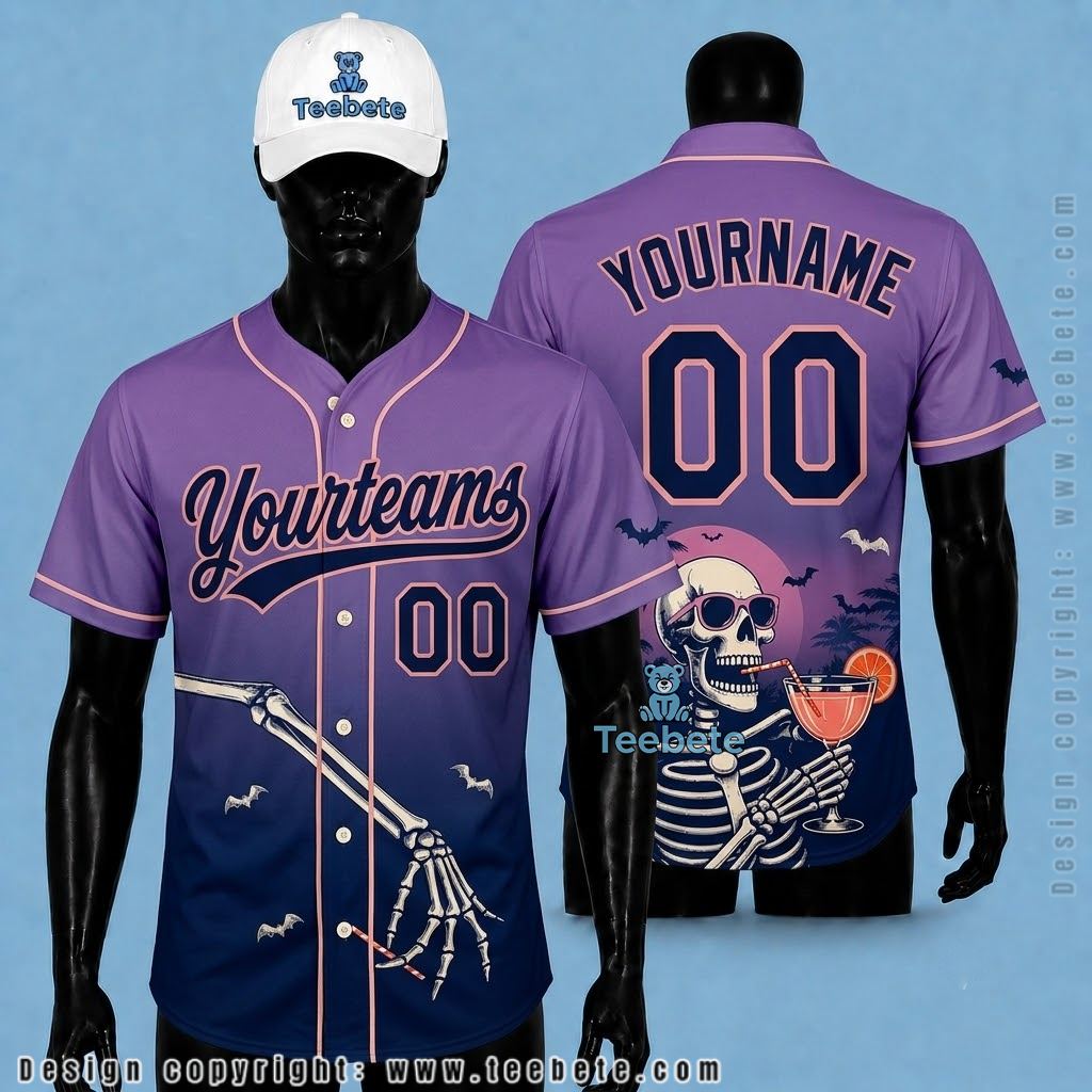 Personalized Skeleton Cocktail Halloween Baseball Jersey Purple