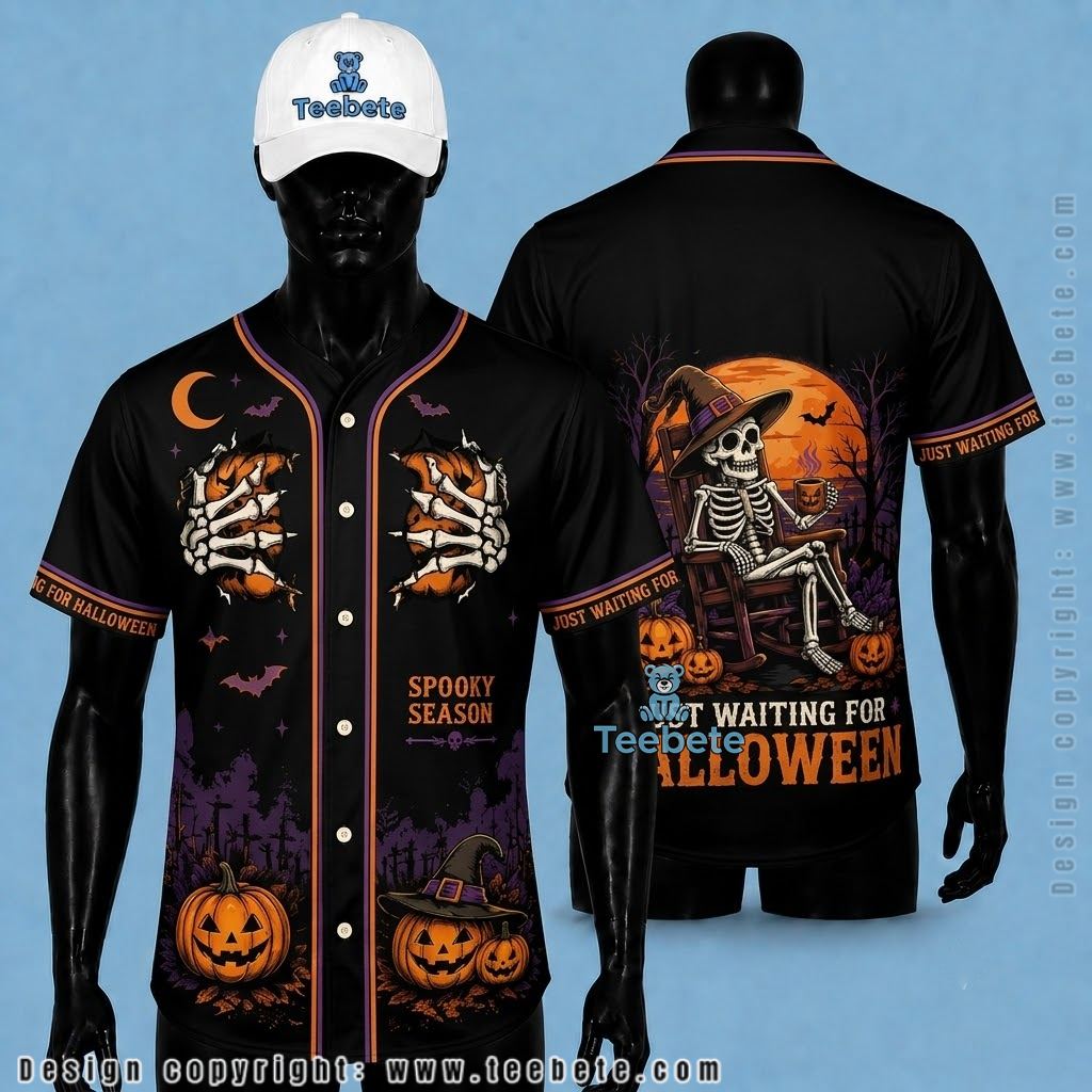 Personalized Skeleton Halloween Baseball Jersey Spooky Season Black