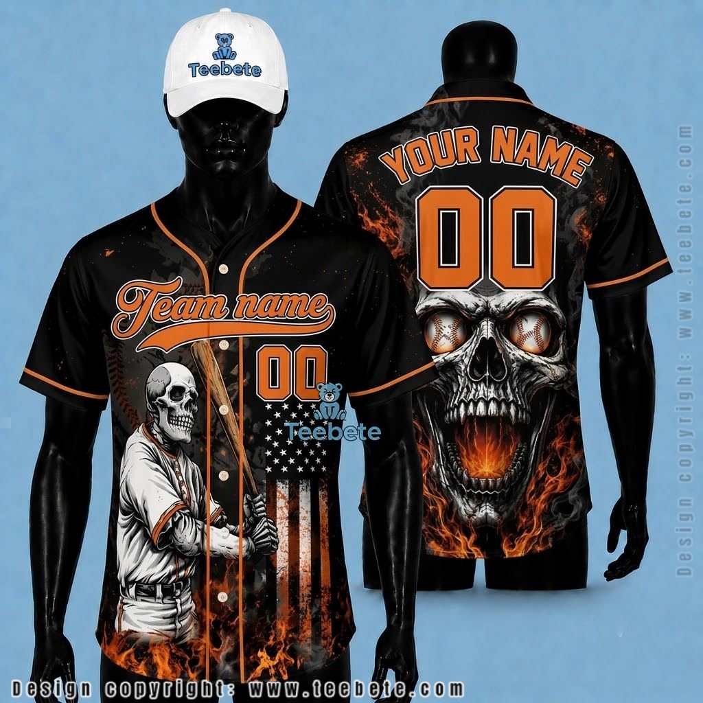 Personalized Skull Baseball Jersey USA Flag Fire