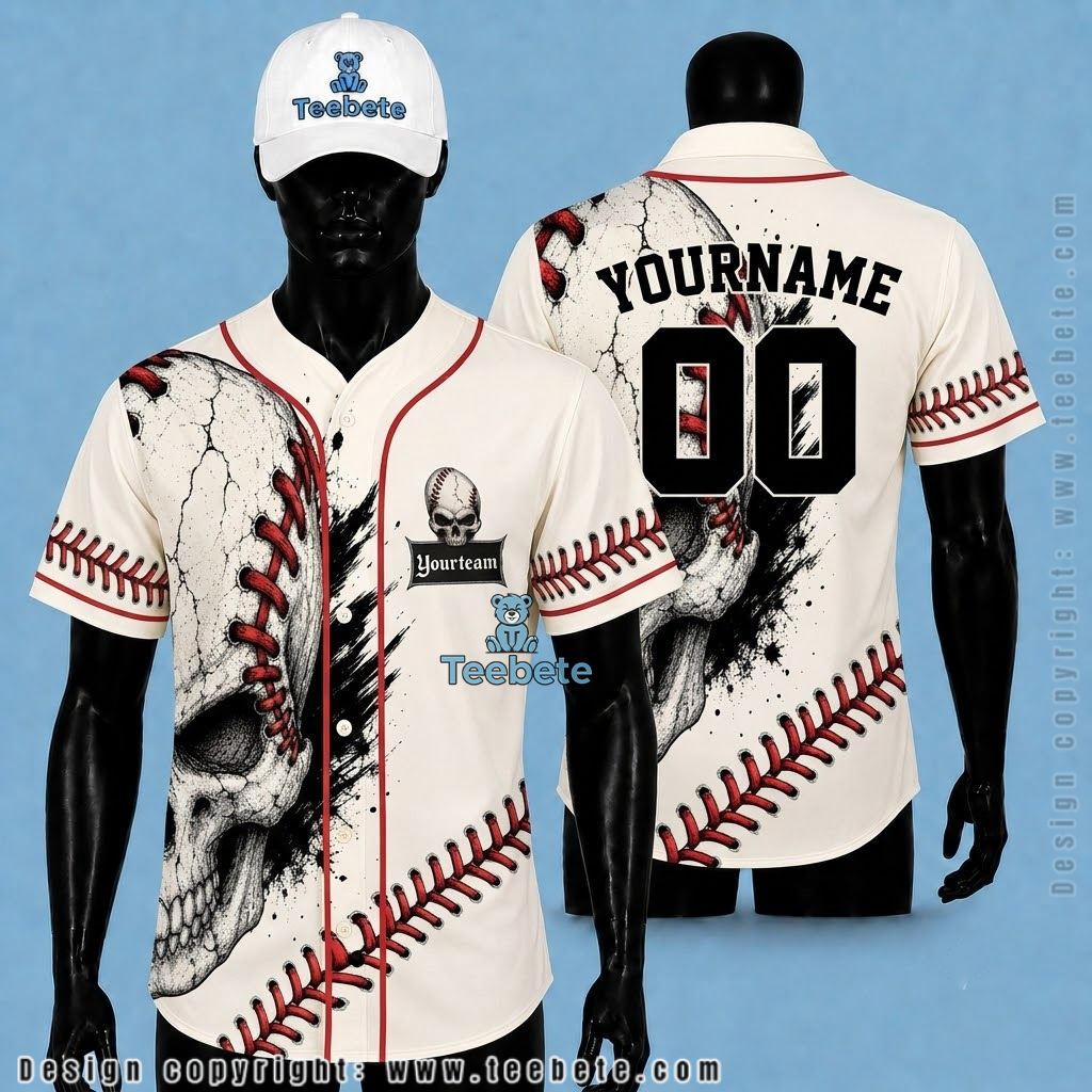 Personalized Skull Baseball Stitch Halloween Baseball Jersey White Red