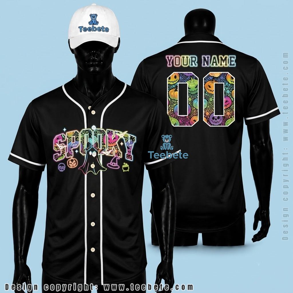 Personalized Spooky Halloween Baseball Jersey Neon Pumpkin Black