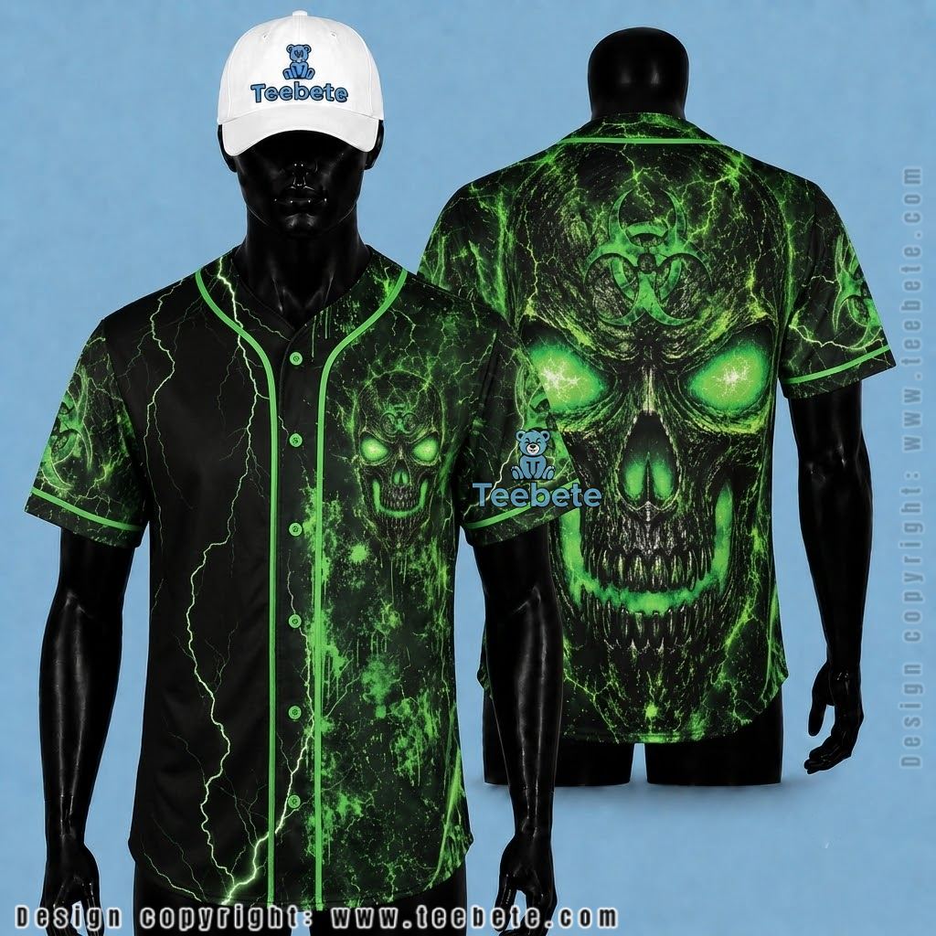 Personalized Toxic Skull Baseball Jersey Halloween Green Lightning Black