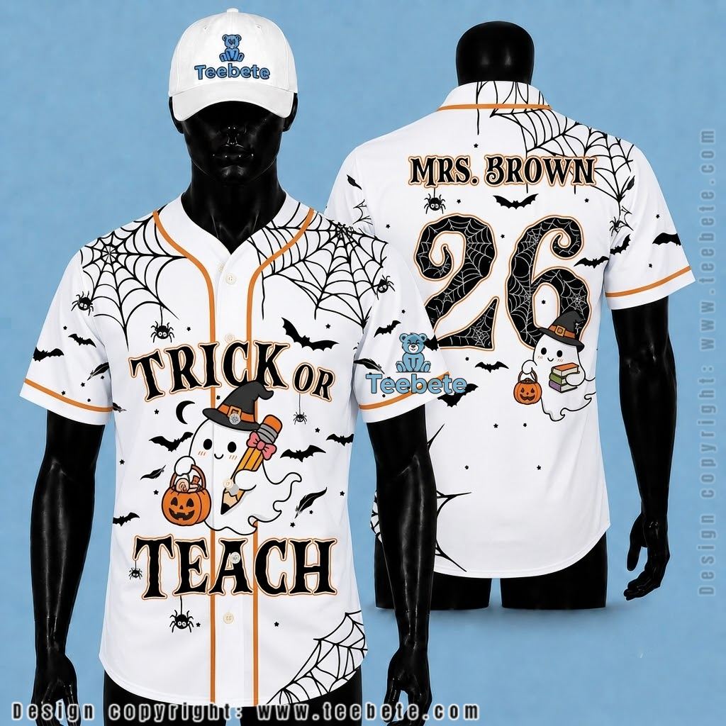 Personalized Trick Or Teach Halloween Baseball Jersey Ghost White