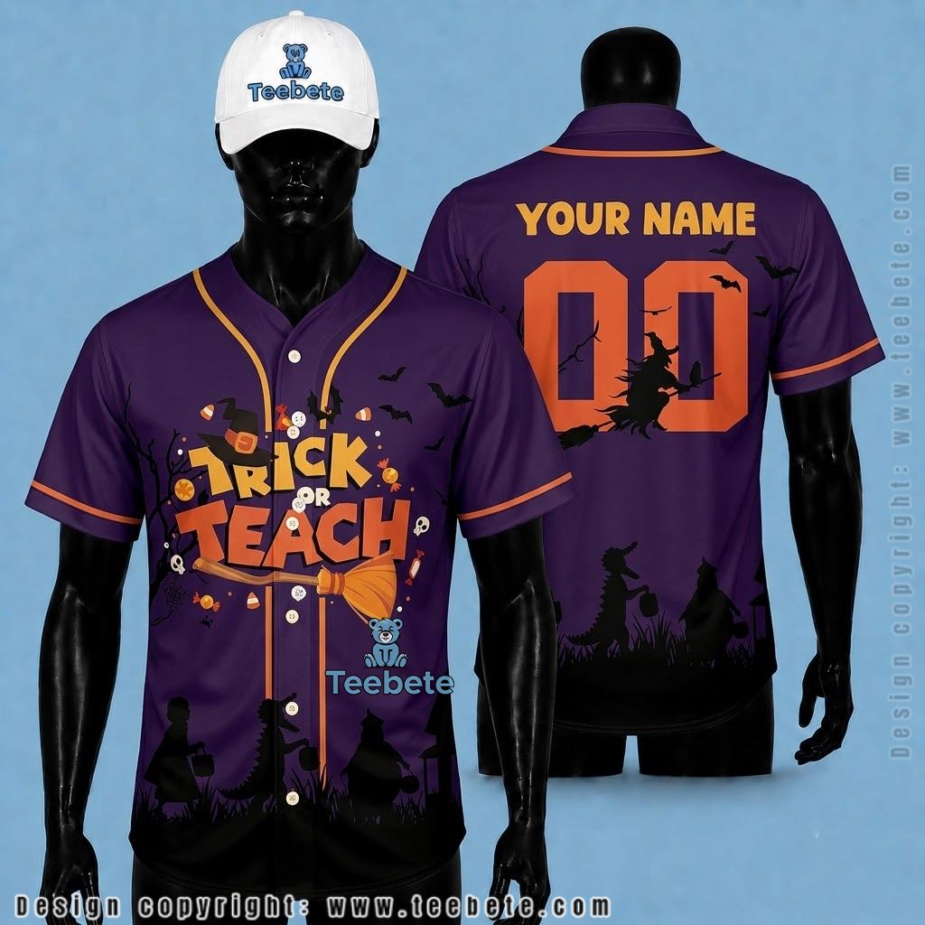 Personalized Trick Or Teach Halloween Baseball Jersey Witch Purple