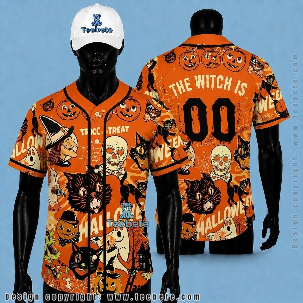 Personalized Vintage Halloween Baseball Jersey Black Cat Orange