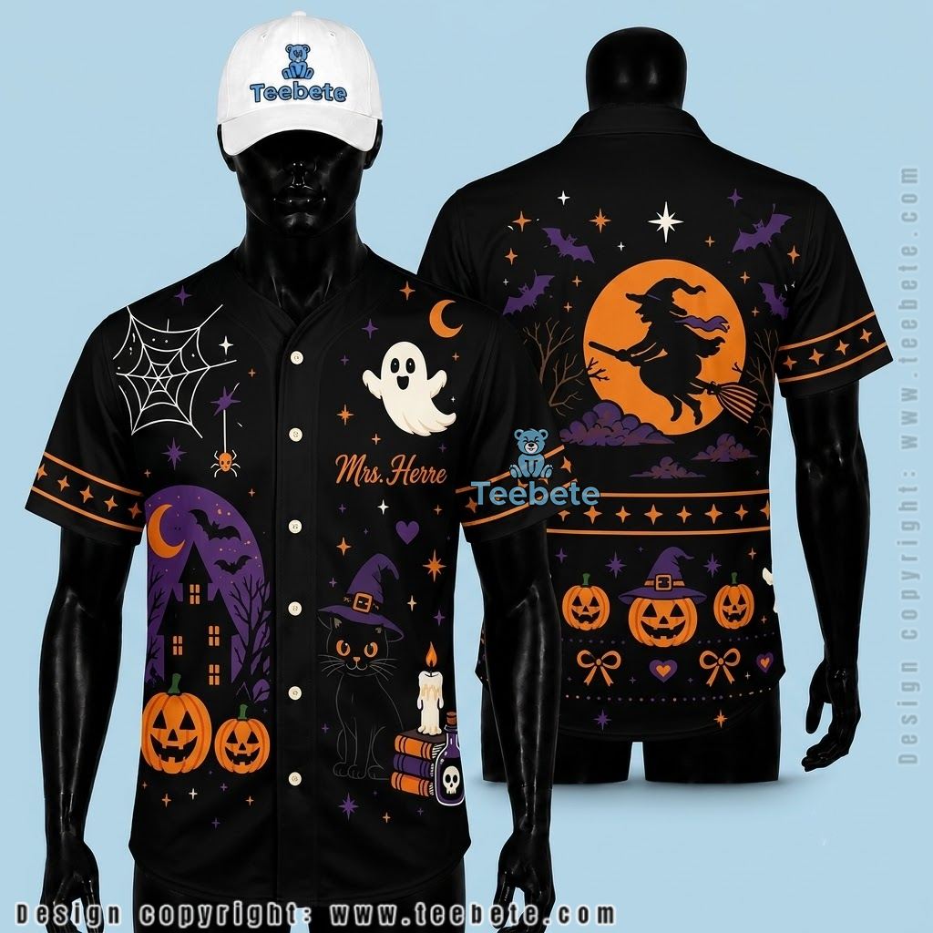 Personalized Witch Halloween Baseball Jersey Ghost Black