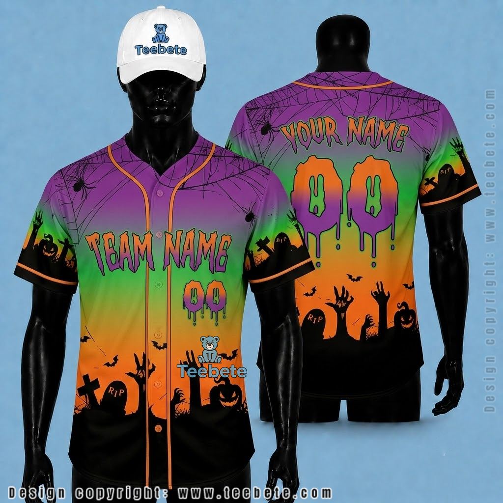 Personalized Zombie Hand Halloween Baseball Jersey Purple Green Orange