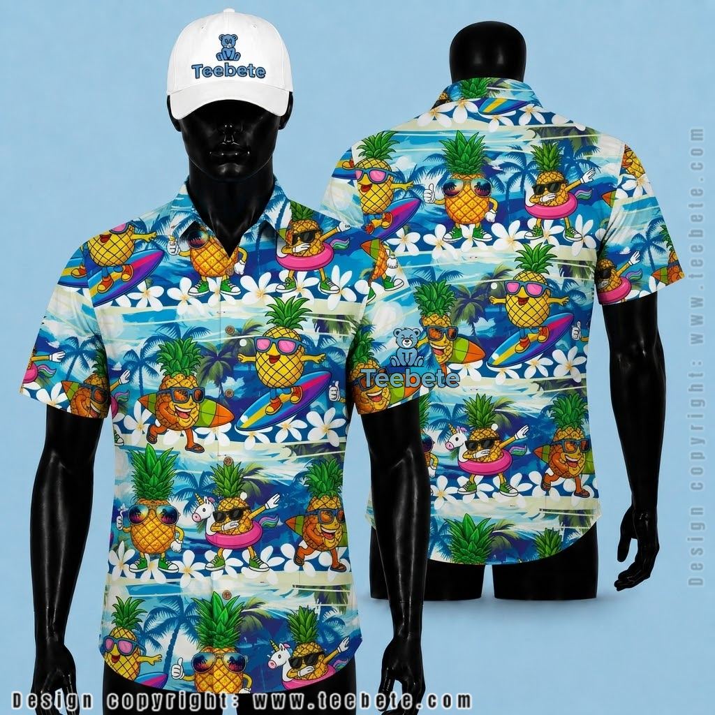 Pineapple Hawaiian Shirt Surfing Cartoon Ocean Wave