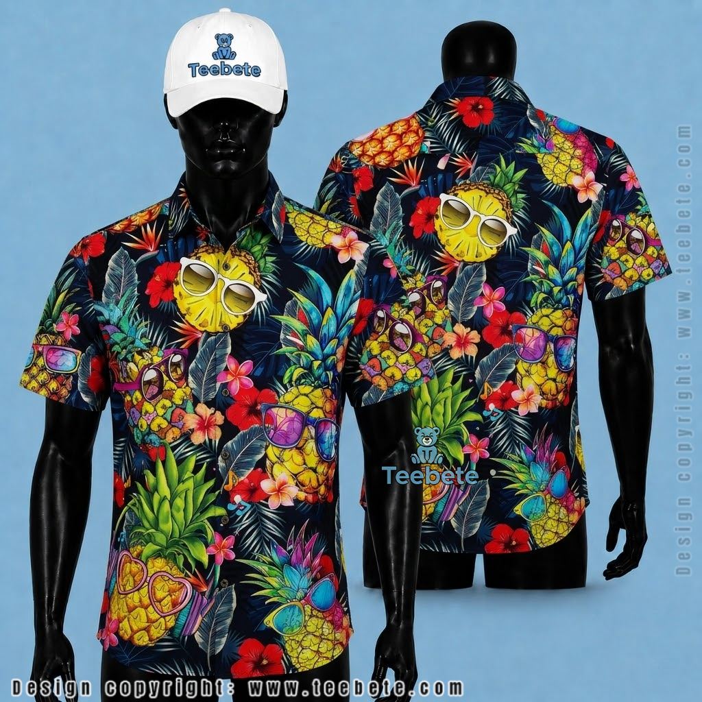 Pineapple Tropical Shirt Sunglasses Tropical Floral Navy