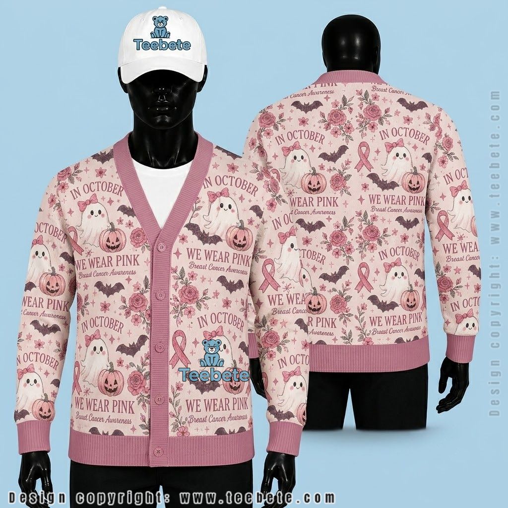 Pink Halloween Cardigan Ghost Pumpkin Breast Cancer Ribbon