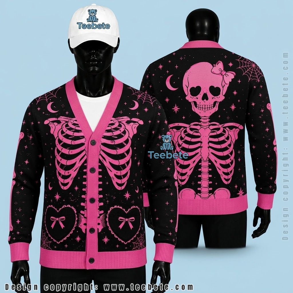 Pink Halloween Cardigan Skeleton With Bow