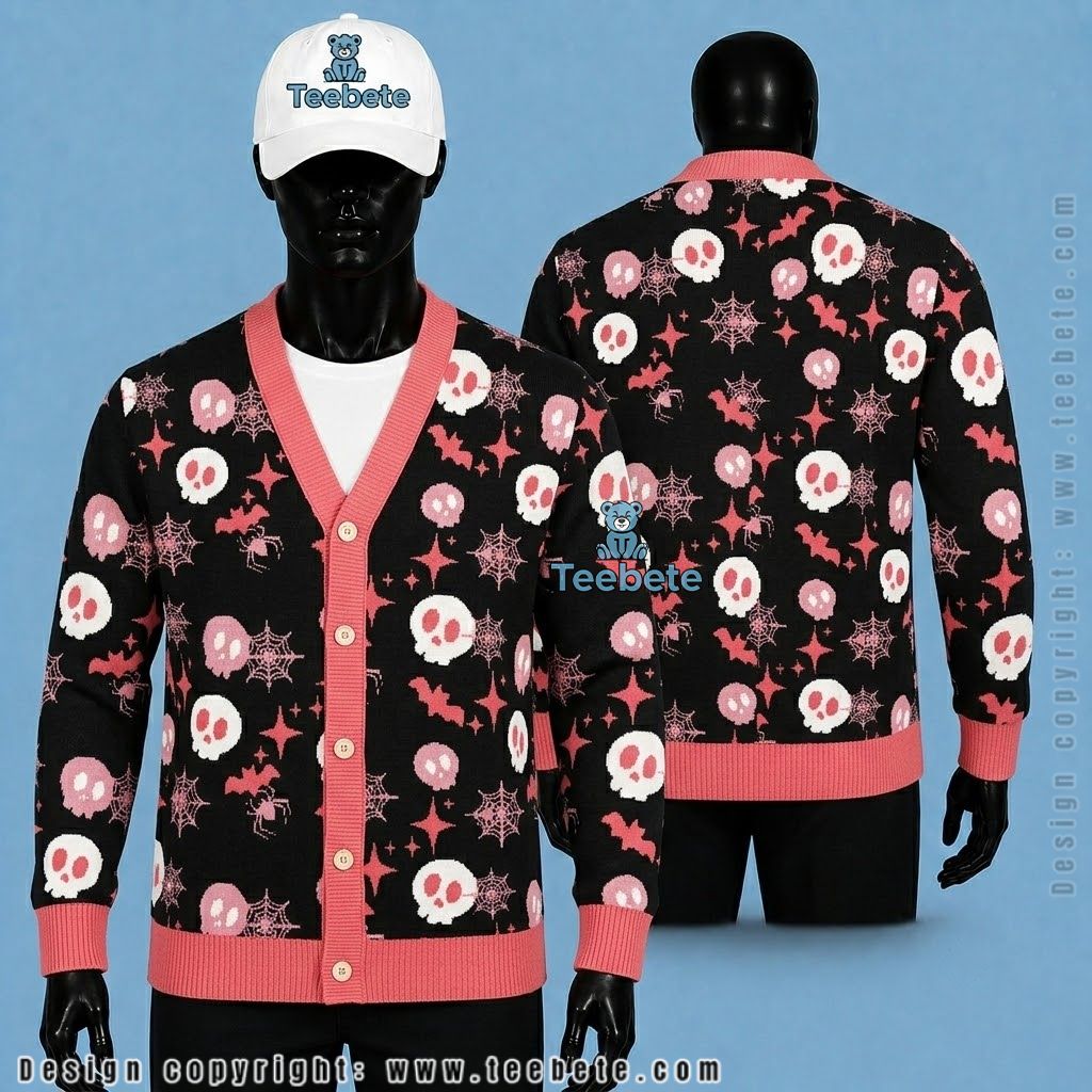 Pink Halloween Cardigan Skull, Bat And Spider Cobweb
