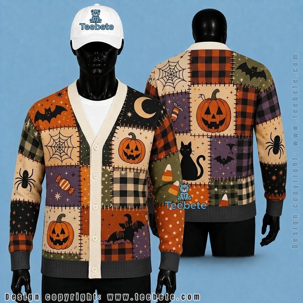 Plaid Halloween Cardigan Black Cat And Pumpkin