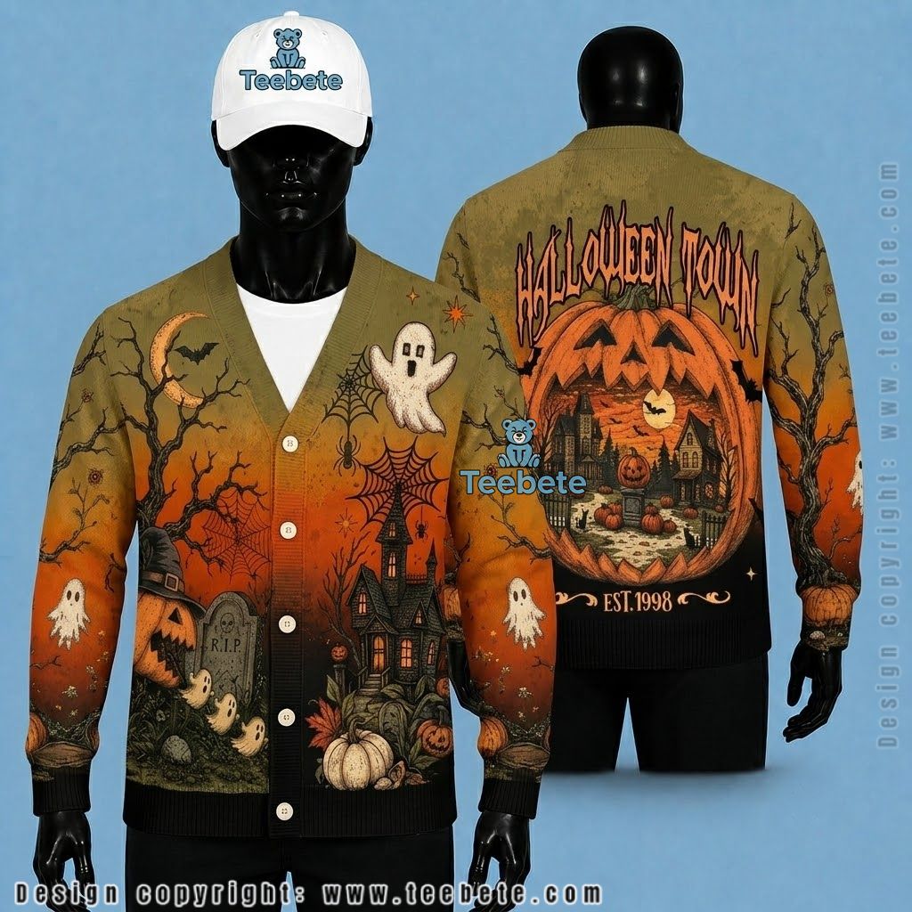 Pumpkin Halloween Cardigan Graveyard Haunted House