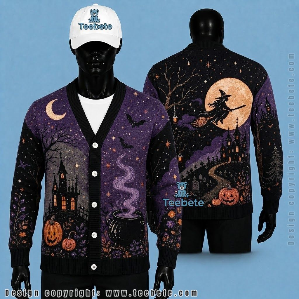 Purple Halloween Cardigan Cauldron Haunted House