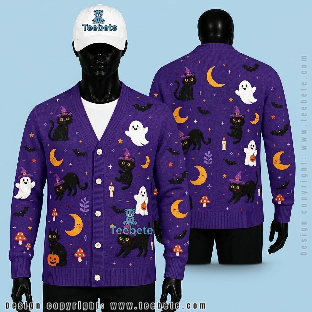 Purple Halloween Cardigan Moonlit Witch, Black Cat And Ghost