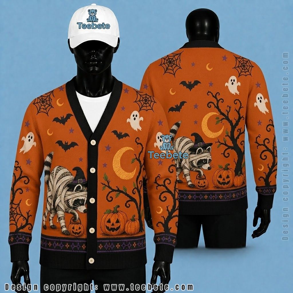 Raccoon Halloween Cardigan Mummy, Pumpkin And Costume