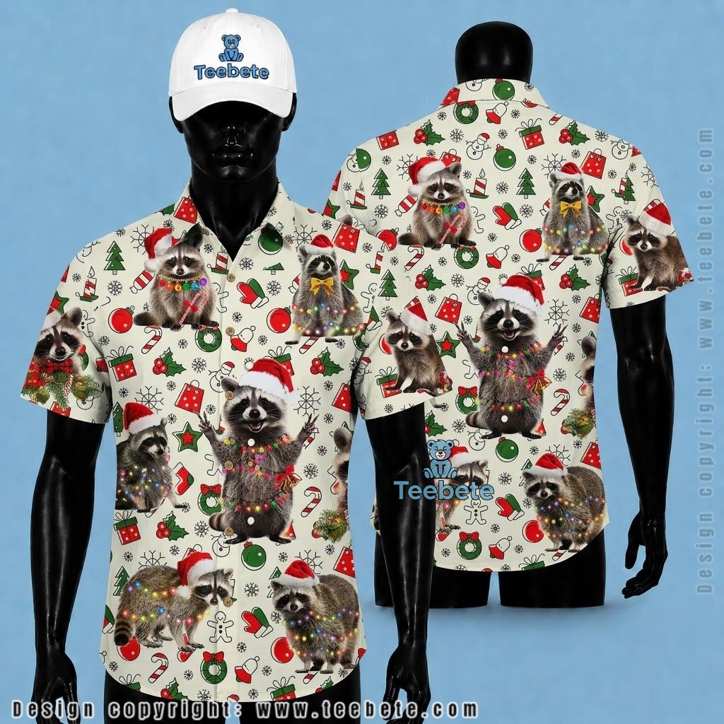 Raccoon Hawaiian Shirt Christmas Lights White