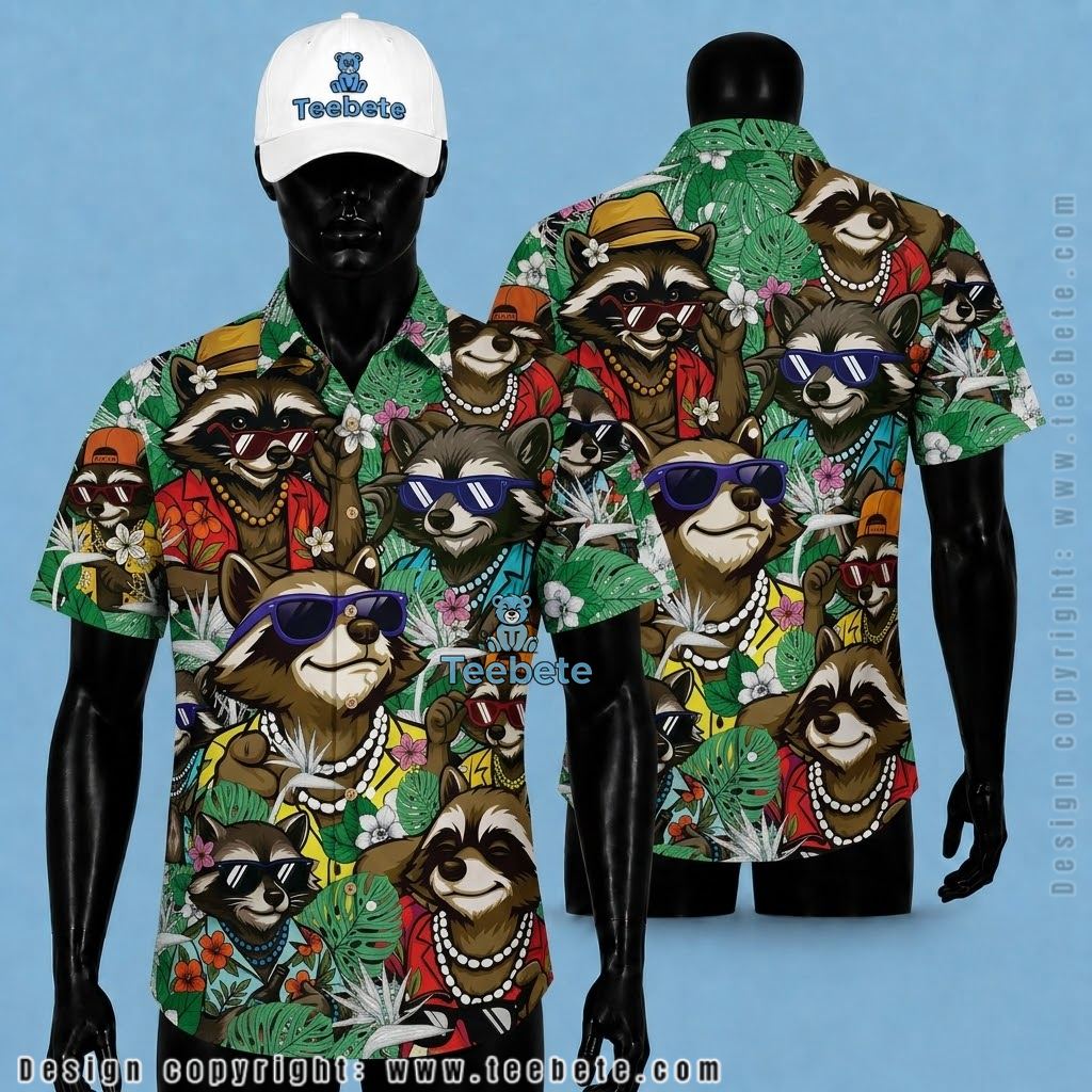 Raccoon Hawaiian Shirt Cool Gangster Green