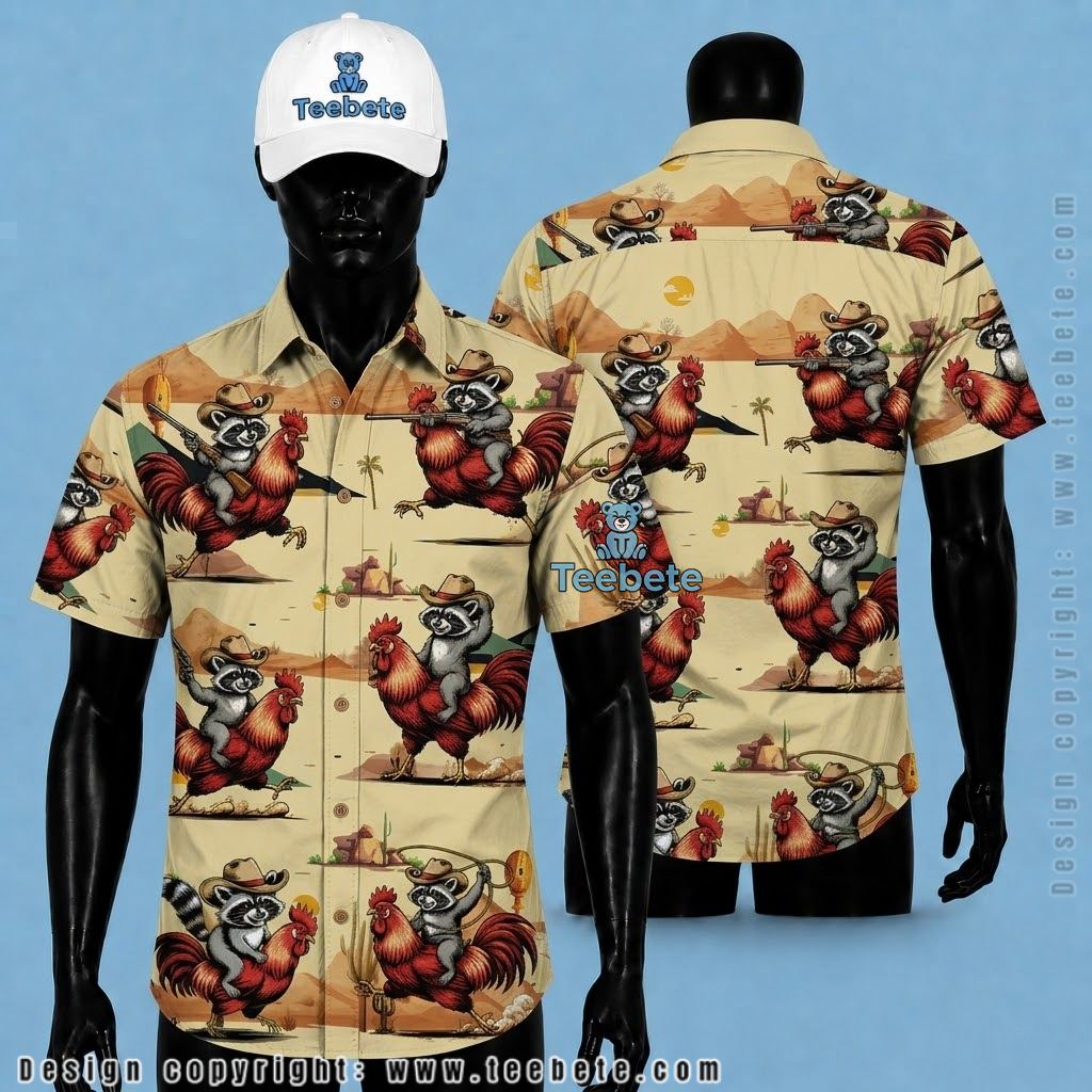 Raccoon Hawaiian Shirt Cowboy Rooster Desert
