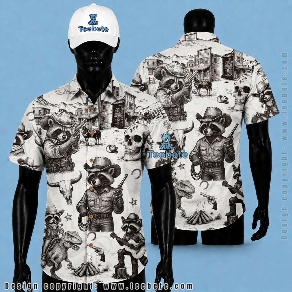 Raccoon Hawaiian Shirt Cowboy Western Sketch