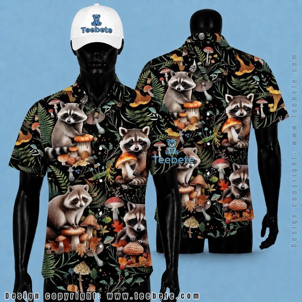 Raccoon Hawaiian Shirt Forest Mushroom Autumn