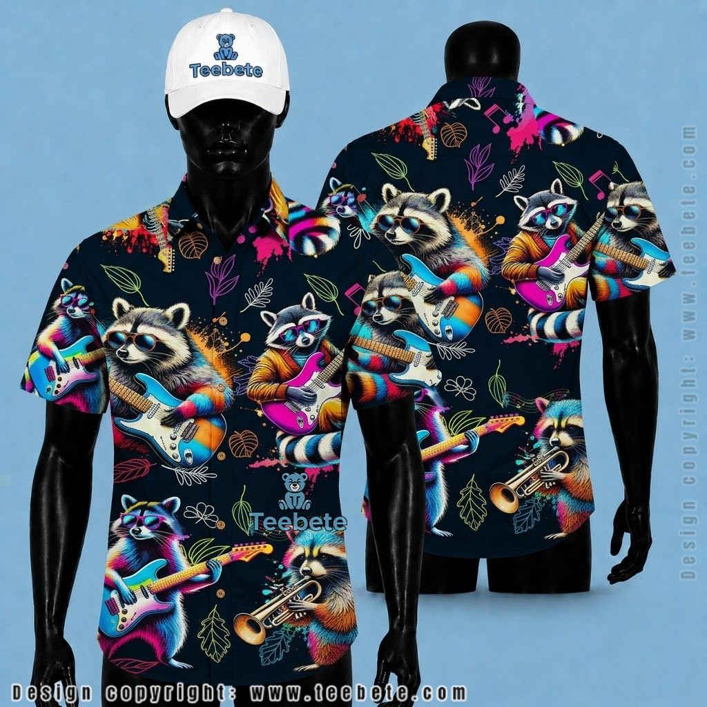 Raccoon Hawaiian Shirt Guitar Band Neon