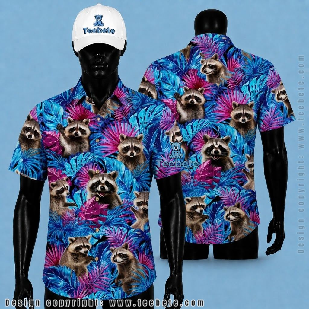 Raccoon Hawaiian Shirt Neon Tropical Blue